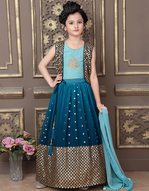 Designer Kidswear Readymade Lehenga Choli Light Rama Faux Georgette Lehenga Choli Front View
