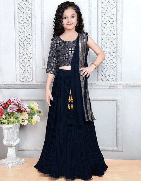 Designer Kidswear Readymade Lehenga Choli Nevy Blue Faux Georgette Lehenga Choli Front View