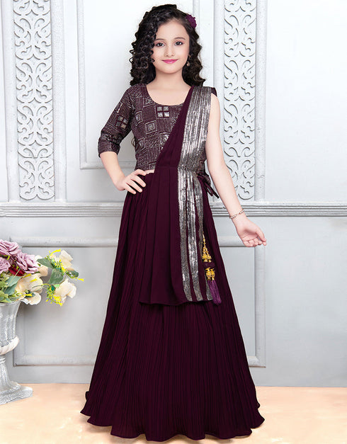Designer Kidswear Readymade Lehenga Choli Wine Faux Georgette Lehenga Choli Front View