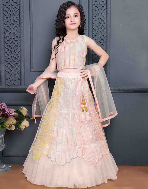 Designer Kidswear Readymade Lehenga Choli Pink Soft Net Lehenga Choli Front View