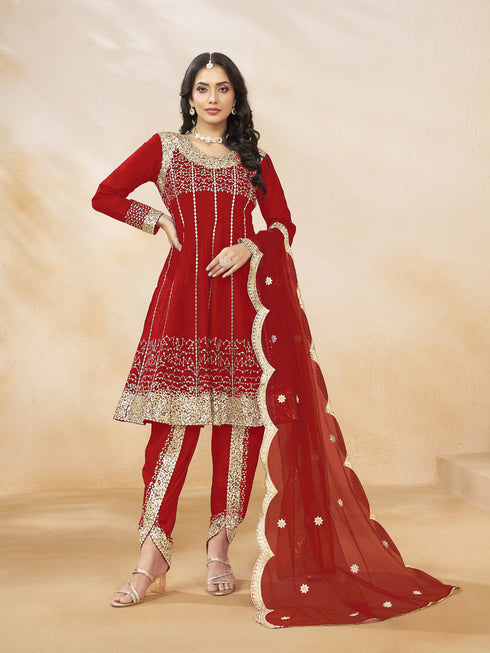 Red Art Silk Patiyala Dress Acy1034 Back View