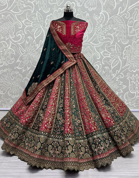 Heavy Designer Wedding Wear Bride Lehenga Choli Pink Velvet Lehenga Choli Close-up View
