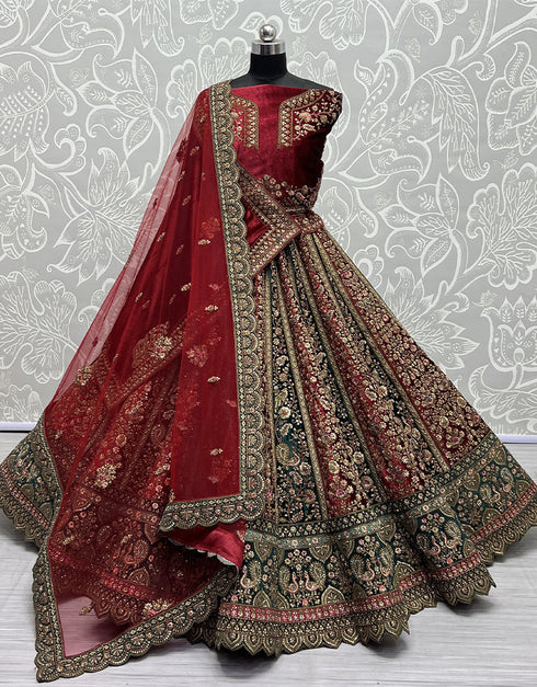 Heavy Designer Wedding Wear Bride Lehenga Choli Maroon Velvet Lehenga Choli Close-up View