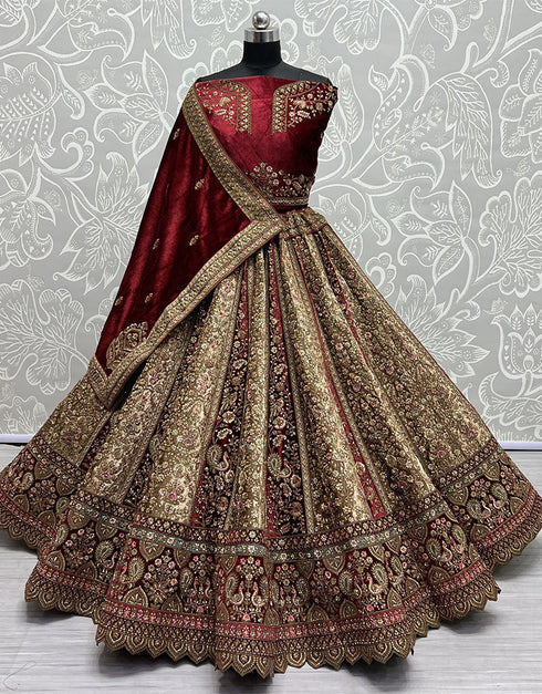 Heavy Designer Wedding Wear Bride Lehenga Choli Maroon Velvet Lehenga Choli Close-up View