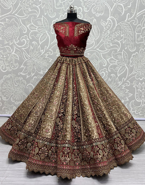 Heavy Designer Wedding Wear Bride Lehenga Choli Maroon Velvet Lehenga Choli Back View