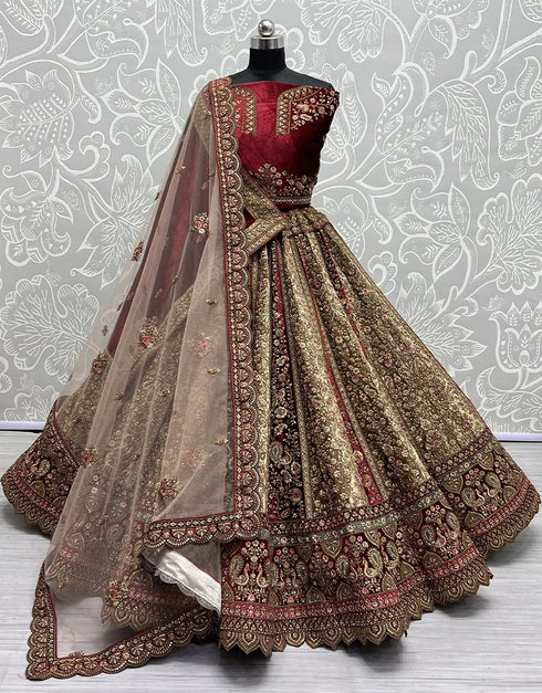 Heavy Designer Wedding Wear Bride Lehenga Choli Maroon Velvet Lehenga Choli Front View