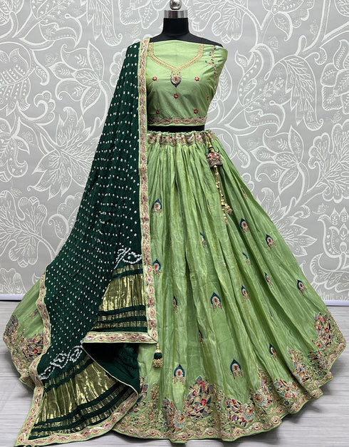 Heavy Designer Wedding Wear Bride Lehenga Choli Pista Dolla Silk Lehenga Choli Front View