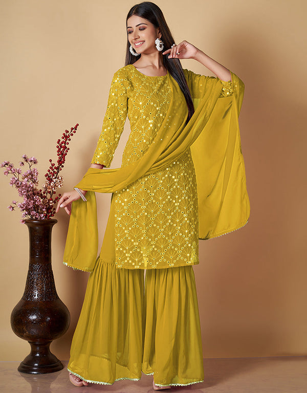 classy yellow georgette heavy designer wedding wear georgette salwar suit with yellow georgette 13570-acy3456 Front View