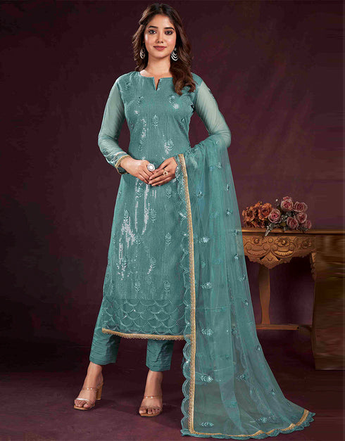 stylish turquoise butterfly net designer party wear salwar suit with turquoise american crepe 13632-acy3902 Front View