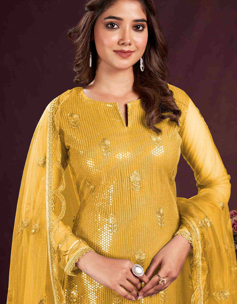 chic yellow butterfly net designer party wear salwar suit with yellow american crepe 13632-acy3903 Close-up View