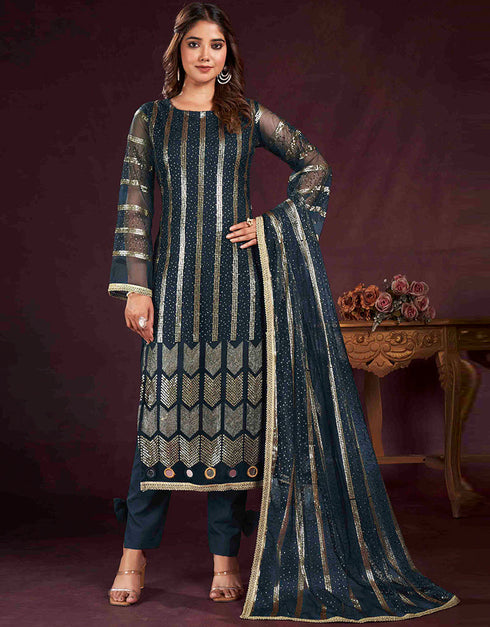 glamorous teal blue butterfly net designer party wear salwar suit with teal blue american crepe 13632-acy3910 Front View