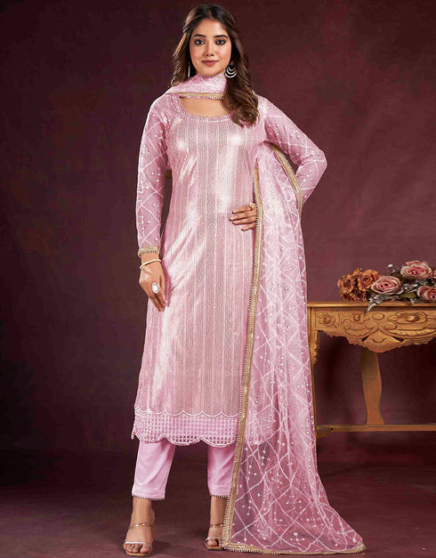 stylish pink butterfly net designer party wear salwar suit with pink american crepe 13632-acy3913 Front View