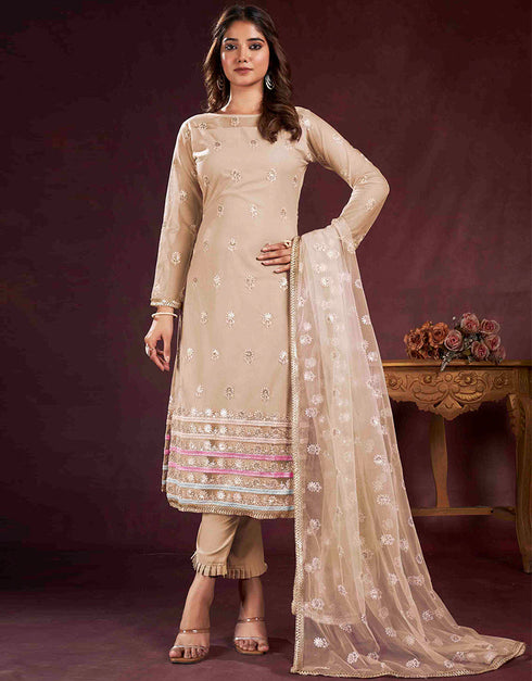 elegant beige butterfly net designer party wear salwar suit with beige american crepe 13632-acy3916 Front View