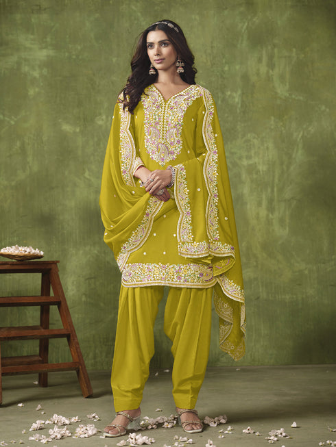 Yellow P V Chanderi Patiyala Dress Acy8415