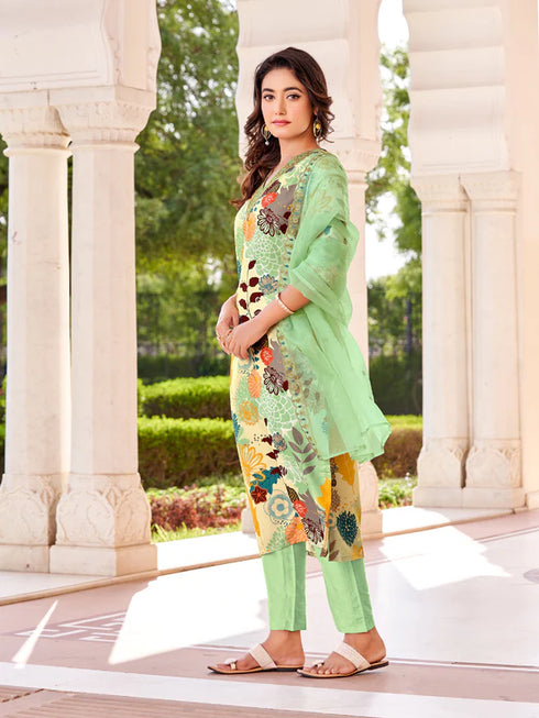 Cream Attractive Designer Readymade Pant Suit With Printed Embroidery Work