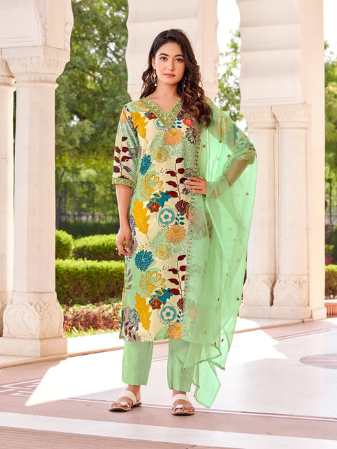 Cream Attractive Designer Readymade Pant Suit With Printed Embroidery Work