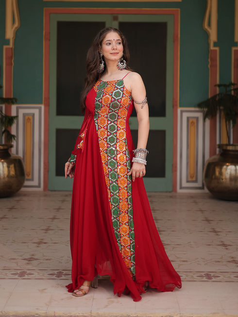 Red Faux Georgette Anarkali Dress Acy9204 Closure View