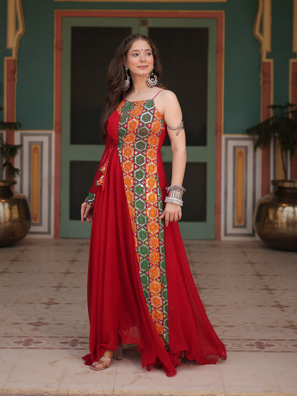 Red Faux Georgette Anarkali Dress Acy9204 Closure View