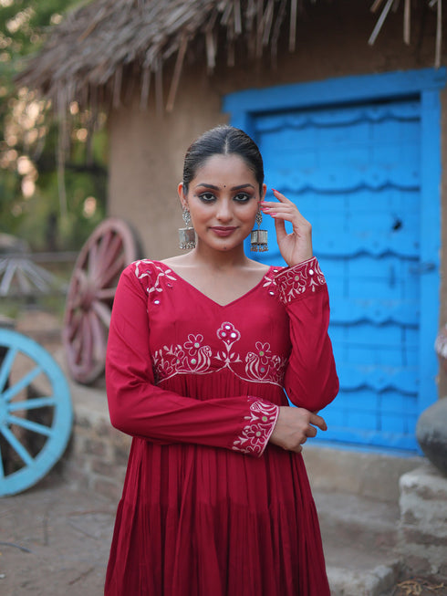 Maroon Rayon Anarkali Dress Acy9359 Back View