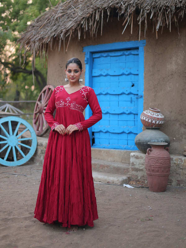 Maroon Rayon Anarkali Dress Acy9359