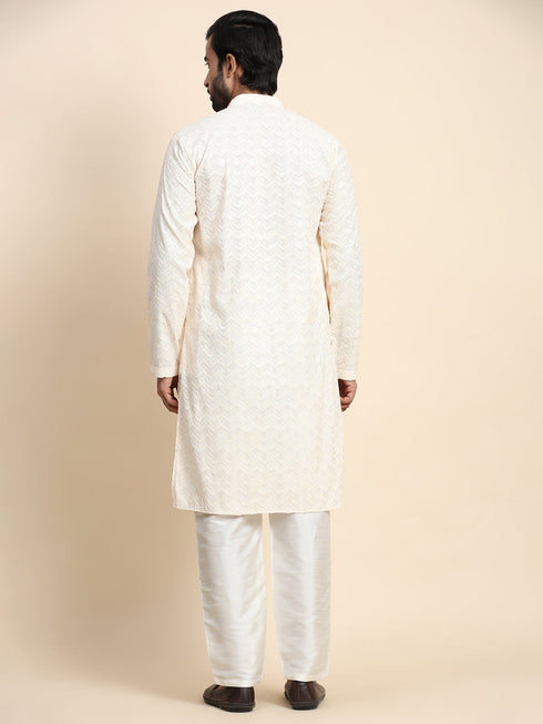 Cream Kurta Cotton Payjama Closure View