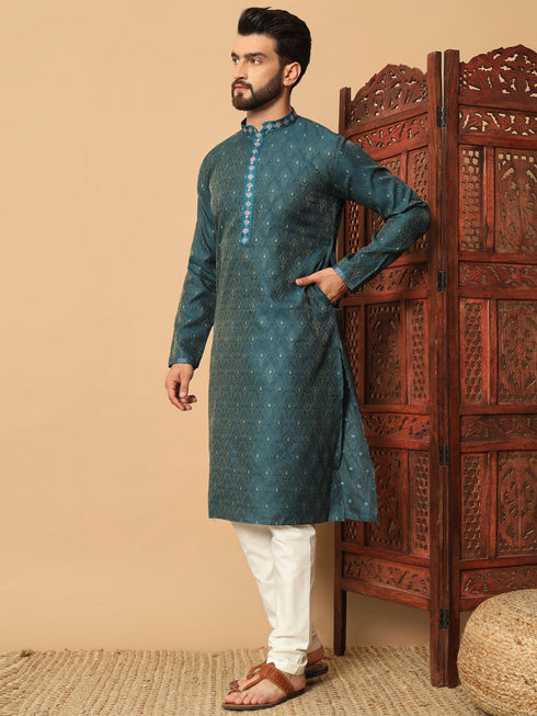 Green Kurta Jacquard Payjama Closure View