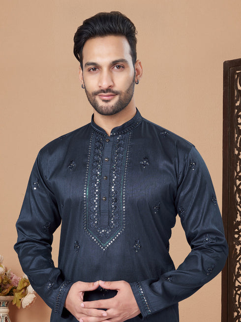 Navy Blue Kurta Silk Payjama Closure View