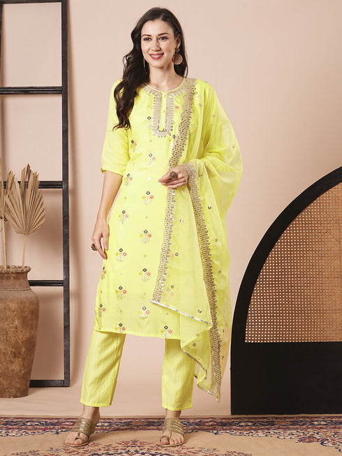 Yellow Viscose Jacquard Pant Suit Acz3051