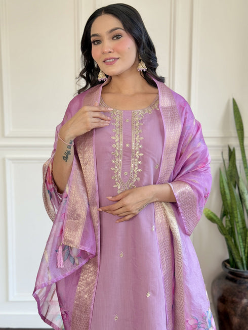 Purple Chanderi Pant Suit Acz3138 Back View