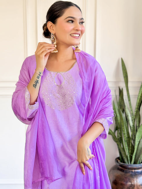 Purple Chanderi Pant Suit Acz3143 Back View