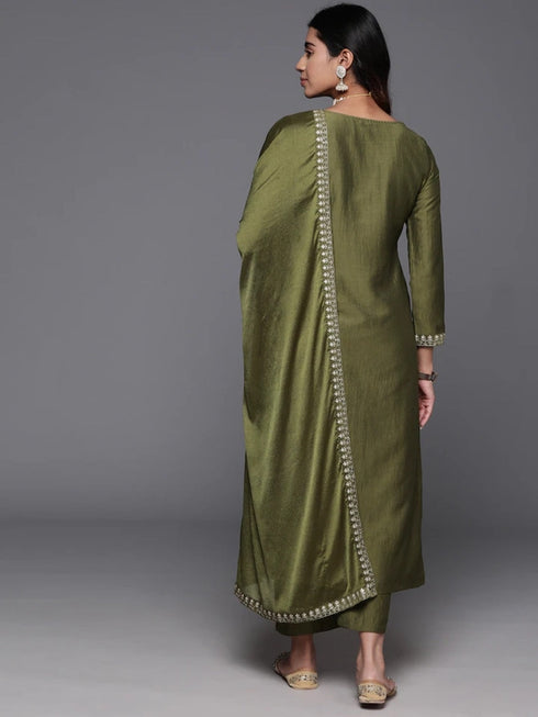 Green Chanderi Viscose Pant Suit Acz3146 Closure View
