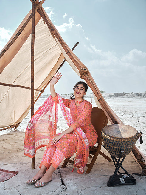 Orange Cotton Anarkali Suit Acz3155 Back View