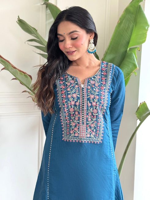 Blue Chanderi Viscose Pant Suit Acz3169 Back View