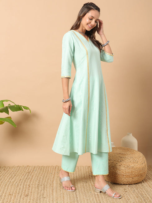 Sea Green Lurex Cotton Pant Suit Acz3224 Closure View