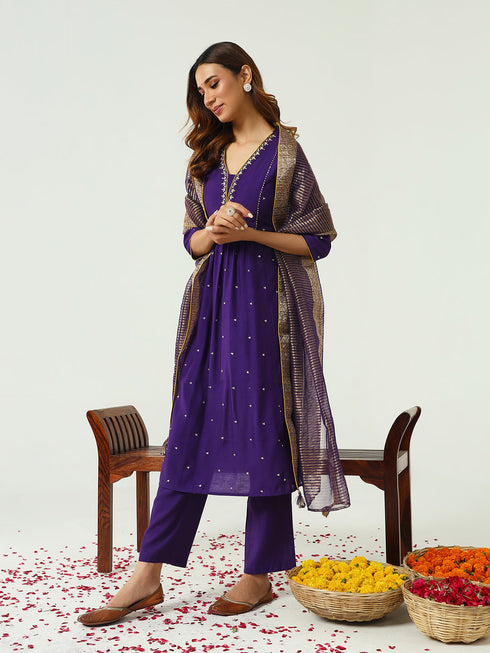Purple Chanderi Pant Suit Acz3229 Back View