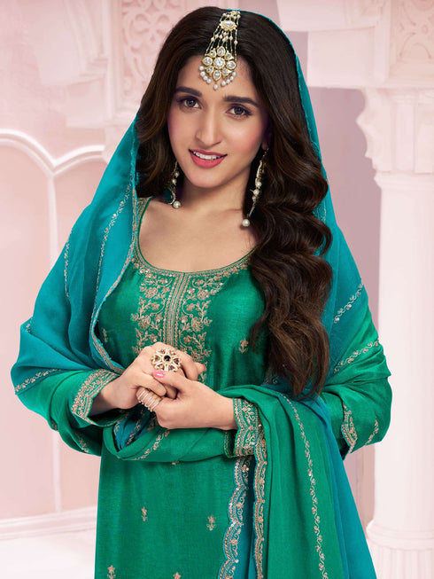 Pine Green Vichitra Palazzo Suit Acz3267 Closure View