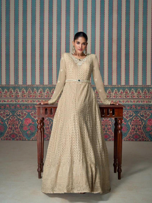 Beige Georgette Anarkali Suit Acz3279 Back View