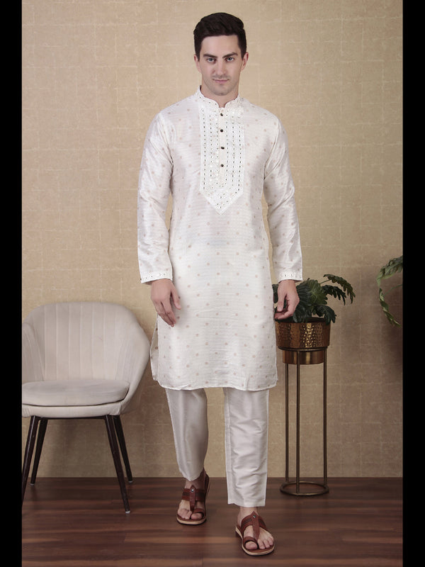White Kurta Jacquard Silk Payjama