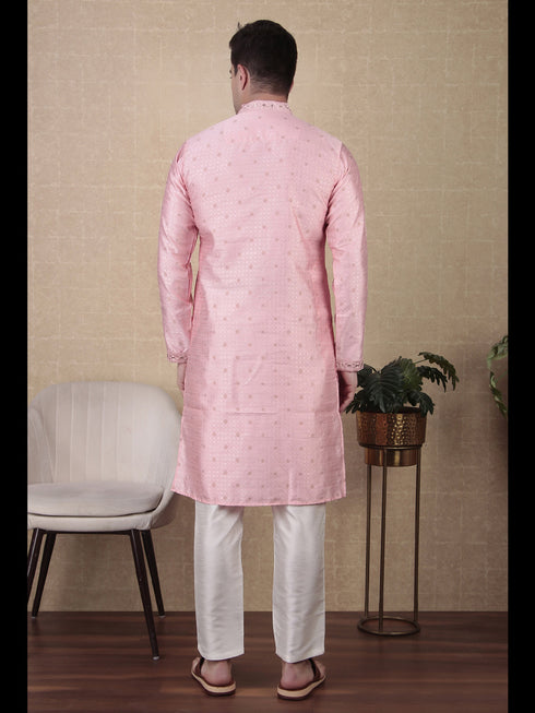 Pink Kurta Jacquard Silk Payjama Closure View