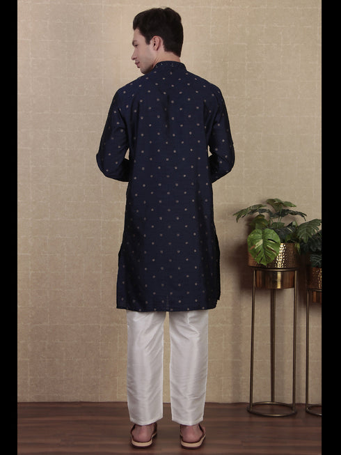 Navy Blue Kurta Jacquard Silk Payjama Closure View