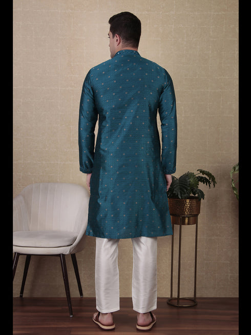 Teal Kurta Jacquard Silk Payjama Closure View