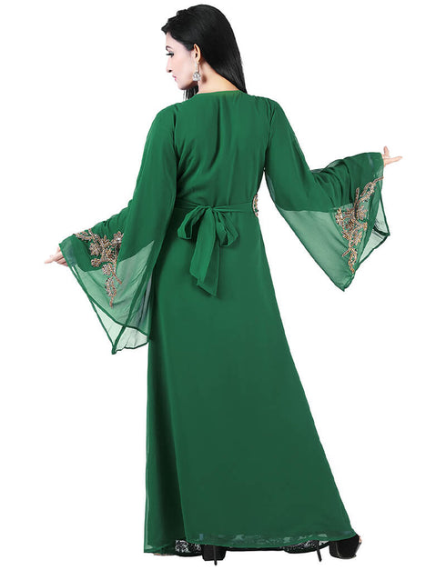 Modest Green Georgette Pearl Embroidery Kaftan