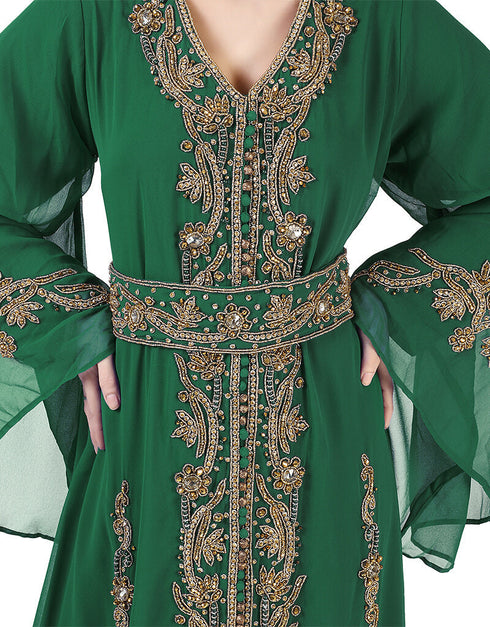 Modest Green Georgette Pearl Embroidery Kaftan