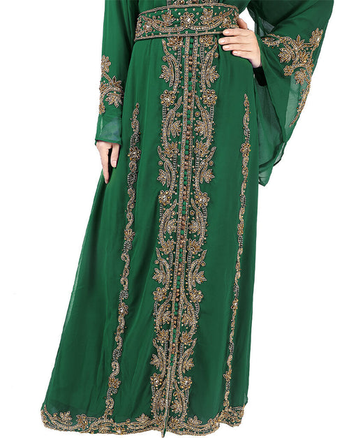 Modest Green Georgette Pearl Embroidery Kaftan