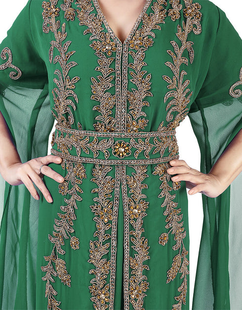 Modern Green Georgette Pearl Embroidery Kaftan
