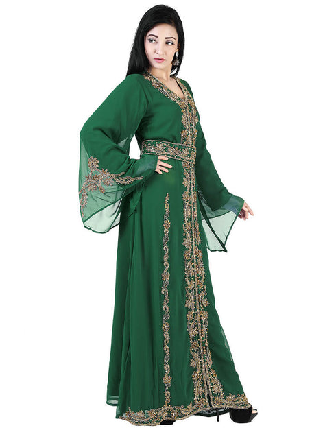 Modest Green Georgette Pearl Embroidery Kaftan