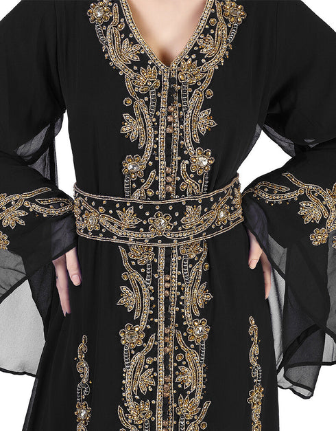 Islamic Black Georgette Pearl Embroidery Kaftan