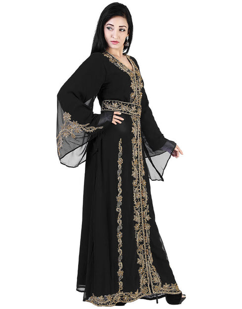 Islamic Black Georgette Pearl Embroidery Kaftan