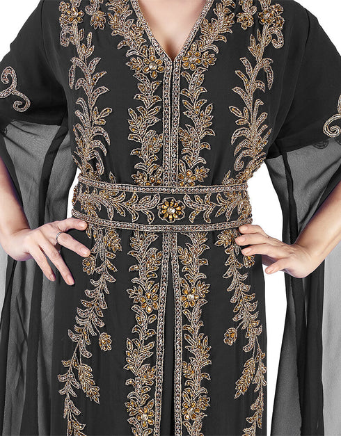 Dubai Black Georgette Pearl Embroidery Kaftan