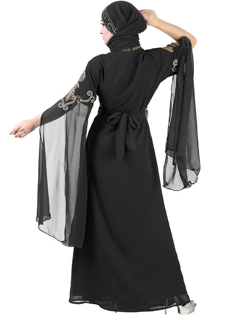 Dubai Black Georgette Pearl Embroidery Kaftan